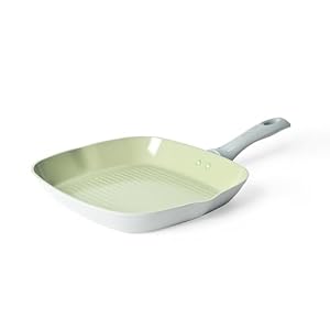 Salter Earth 28cm Grill Pan – Healthy Ceramic Non-Stick Coating Griddle, PFAS-Free Induction Cookware, Aluminium Steak Cooking Pan, Easy Clean, PFOA/PTFE-Free, Stay Cool Handle, Green/Grey