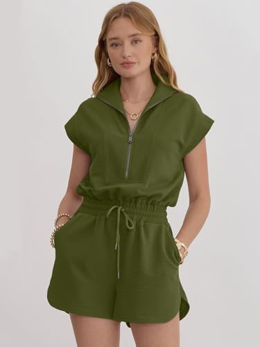 Image of Rompers for Women Summer Short Sleeve Half Zip Lapel Collar Jumpsuit Casual Drawstring One Piece Outfits with Pockets