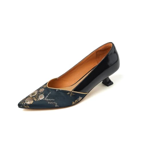 TinaCus Women's Genuine Leather Pointed Toe Embroidery Kitten Heel Floral Pumps Dress Shoes