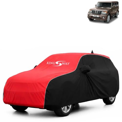 Image of KINGSWAY Super Waterproof Car Cover Only with Mahindra Bolero (Year 2020 Onwards - All Model) | Mirror and Antenna Pockets | All Weather Car Body Cover with Silver Piping | Black Red