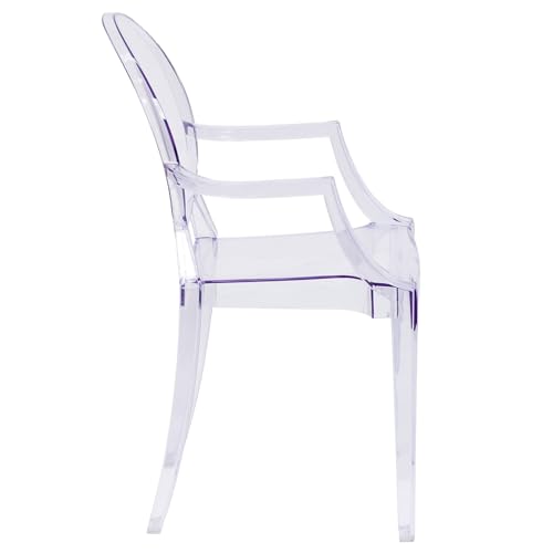 Flash Furniture Indoor/Outdoor Ghost Accent and Dining Chair with Curved Arms and Contoured Seat, Stackable Restaurant Chair, Transparent Crystal