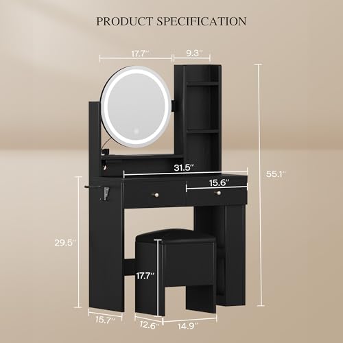 GOOBED Vanity Desk with Mirror and Light, Black Small Vanity Set with Charger Station, Makeup Table with Round Mirror and Adjustable 3 Lighting Modes for Bedroom, Makeup Dressing Desk Chair
