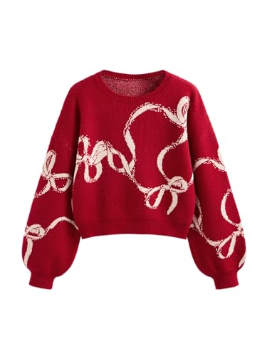 CIDER Oversized Sweaters for Women Bowknot Graphic Crew Neck Long Sleeve Knit Pullover Trendy Oversized Sweater