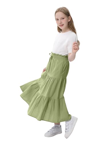 Image of Maxi Skorts Skirt for Girls Button Front High Waisted Long Skirt with Belt Ruffled Skirts with Pocket 3-12Years