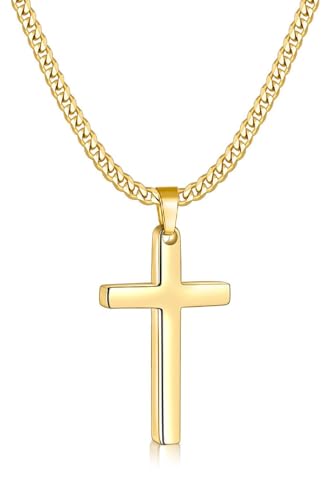 Fiusem Cross Necklace for Men and Women, Gold Plated Mens Cross Necklaces with 3.5mm Cuban Chain, Stainless Steel Pendant Chain 16-24 Inches