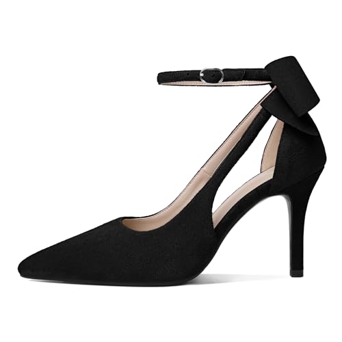 Joseywade Bow Heels Stiletto High Heels Bowtie Bowknot Heels D'Orsay Cutout Pumps Pointed Toe Women Ankle Strap Dress Shoes 3.5 Inch2
