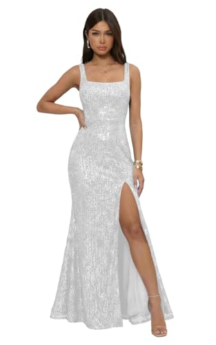 Silver Mermaid Sequin Prom Dresses for Women 2026 Sparkly Square Neck Formal Evening Gowns with Slit...