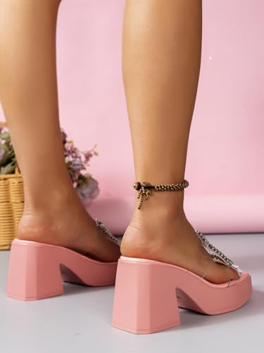 Chunky Platform Heels for Women Rhinestone Fashion Comfort Slip on Square Open Toe Block Heel SIides2