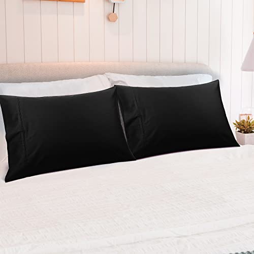 PiccoCasa Pillowcases 2 Pack, Super Soft Cotton Bed Pillow Covers with Envelope Closure, Hotel Bedroom Pillow Sham Black 50x90cm - Image 4