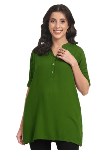 Image of Women's Roll-Up Sleeve Tunic Top, V-Neck with Button Front, Side Pockets, Rayon Short Kurti