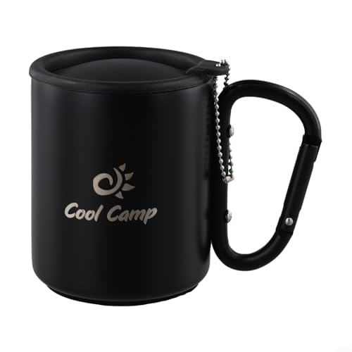 Double-Wall Stainless Steel Hiking Mug, Carabiner Handle Coffee Cup with Lid, Non-Slip Base for Outdoor Activities, 220ml/300ml Black(220ML)