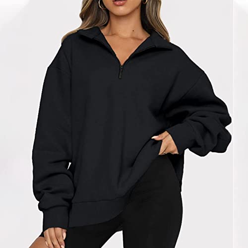 Narhbrg Women Y2K Oversized Sweatshirt, Teen Girls Long Sleeve Quarter Zip Pullover Tops Sweater Loose Fit Casual Aesthetic Clothes Black #TOP1