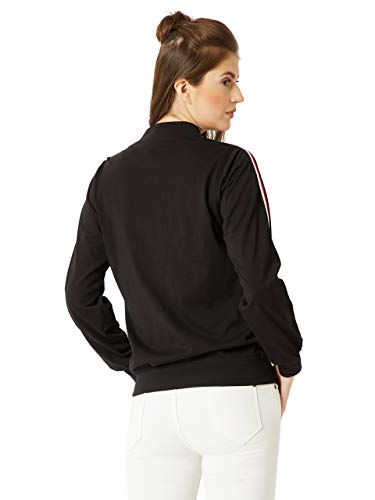 Image of Miss Chase Women's Black Round Neck Full Sleeves Solid Zippered Twill Tape Detailing Bomber Jacket