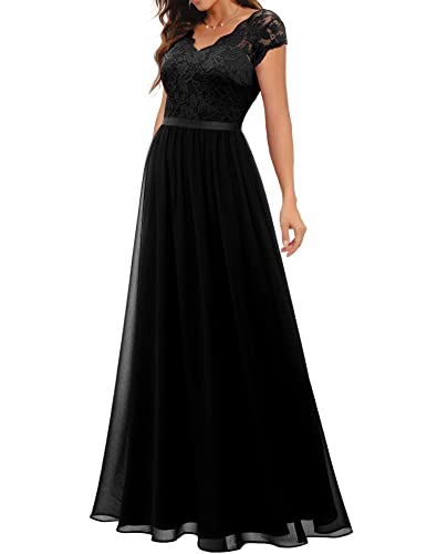 Daisyaner Women's Formal Floral Lace Maxi Dress Evening Party Elegant Short Sleeve V-Neck Dresses For Wedding Guest Black Xl #TOP3
