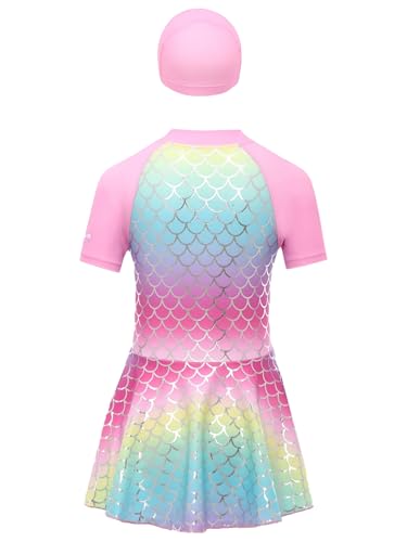 Girls Mermaid Swimsuits Shiny Fishscales Printed One Piece Rash Guard with Swim Cap2