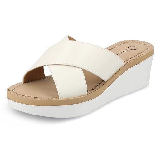 Journee Womens cushioned footbed Faux Leather Sandals Wedge Sandals Biara Crossover Straps Open Toe