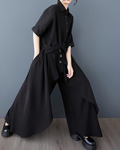 ellazhu Women's Pants Wide Leg Pocket High Waist Button Pocket Asymmetrical Irregular Hem GZ4684