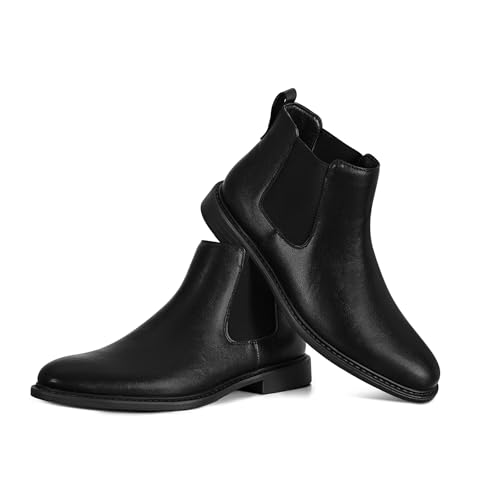Mens Black Chelsea Boots - Classic PU Slip On Dress Boots with Side Elastic Panels - Comfort Low Heel Ankle Shoes