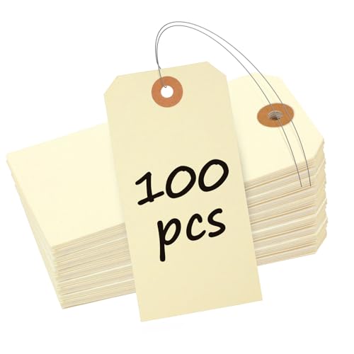 Uniclife 100 Pcs Manila Tags Blank Shipping Tag with Wire Attached 4.7 Inch Paper Hang Tag with Reinforced Eyelet Large Marking Writable Price Tags Inventory Label, 4.7' x 2 3/8'