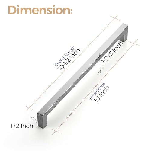 Image of Ravinte Brushed Nickel Square Cabinet Handles Drawer Pulls 10 Inch 5 Pack | Screws Included, Square Bar Grip, Smooth Touch, Stainless Steel, Easy Installation, For Cupboards, Drawers, Dressers, Cabinet