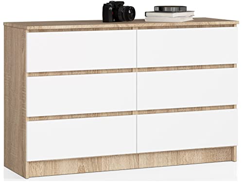 AKORD | Cassettiera K-120 con 6 (2x3) Cassetti | Moderna Mobiletto per Soggiorno Sala da Pranzo Camera da Letto Corridoio Bagno | Armadio Cameretta | 120x77x40 cm | 43kg | Rovere Sonoma/Bianco