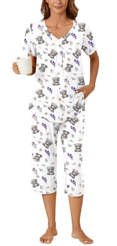 Image of Bestbee Women's Pajama Sets 2 Piece Lounge Outfits Summer Sleepwear V Neck Short Sleeve Capri Pant With Pockets Ladies Pjs