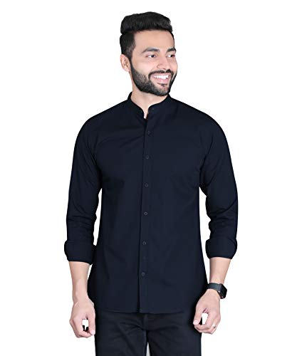 Image of Fifth Anfold Men's Pure Cotton Solid Color Mandarin Collar Full Sleeve Casual Wear Shirt, Office Wear for Men