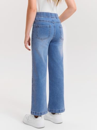 Haloumoning Girls Wide Leg Jeans Kids Elastic Waist Pull On Stretchy Baggy Denim Pants with Pockets 5-14 Years3