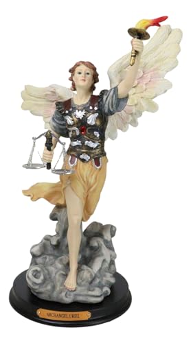 Estatua Colorida del Arcángel Uriel sobre Base de Madera