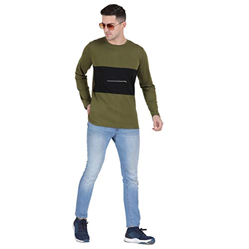 Image of Men Olive Green Black with Zip Detail Color Block Round Neck Cotton Full Sleeve T-Shirt