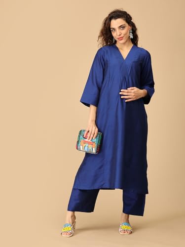 Image of The Mom Store Women's Raw Silk Maternity and Nursing Kurta Set | Front Zipper for Easy Feeding Pre and Post Pregnancy