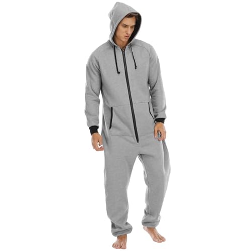 Men's Hooded Onesie Pajama Soft Lightweight Full Zipper Fall Long Sleeve Jumpsuits One Piece Loungewear w/Pockets2