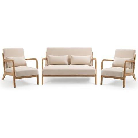 JOYBASE Loveseat Sofa and 2 Chairs Set for Small Spaces, Mid-Century Modern Accent Living Room Furniture Sets for Apartment, Bedroom, Office (Creamy-Beige) Cover