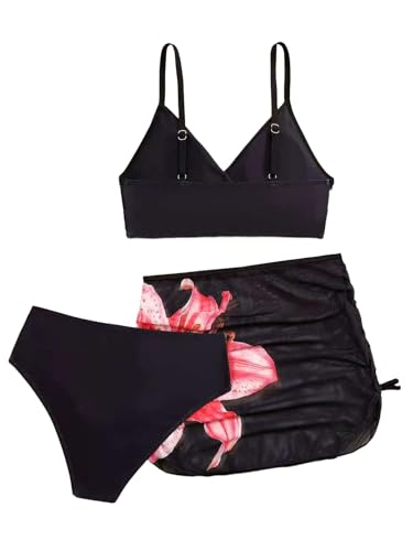 Image of Girl's 3 Piece Sets Floral Print Bikini Swimsuit High Waisted Bathing Suits with Beach Skirt Coverups Black Red Floral 14Y