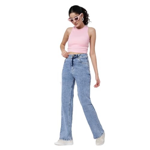Image of Wide Leg Plain Jeans for Women & Girls I Denim Flared Straight Baggy Pant I Stretchable Comfortable High Waist Clean Look Loose Fit Pants for Office Party Home
