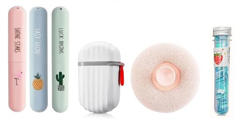 Image of YUVEO Travel Toothbrush Cover, Tongue Cleaner Cover, Multicolor Design with Pineapple, Cactus & Flamingo Patterns and White Soap Case and Tube Paper Soap and Bath Sponge