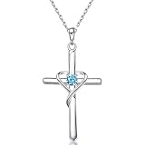 AmorAime 925 Sterling Silver Cross Necklace for Women Men 14K Gold Plated 5A CZ Birthstone Necklaces for Holiday (L.Blue-December-Blue Topaz)