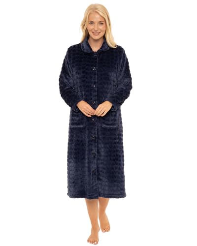 Suzy & Me Ladies Button Through Soft Embossed Fleece Dressing Gown (Navy 28-30) - 4