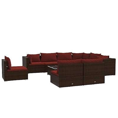 WDSAYREH 10 Piece Poly Rattan Patio Lounge Set with Cushions, Brown Modular Outdoor Sofa Set with Powder Coated Steel Frame and Removable Thick Padded Cushions