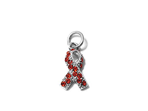 BeadWholesalerRed Heart Stroke Awareness Ribbon with Swarovski Crystals Charm 925 Sterling Silver 17mm, AIDS HIV Awareness Sterling Silver Charms - SP598