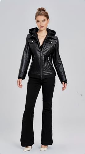 VearFit Women's Sparteens Real Leather Jacket Bomber Removable Hood for Women2