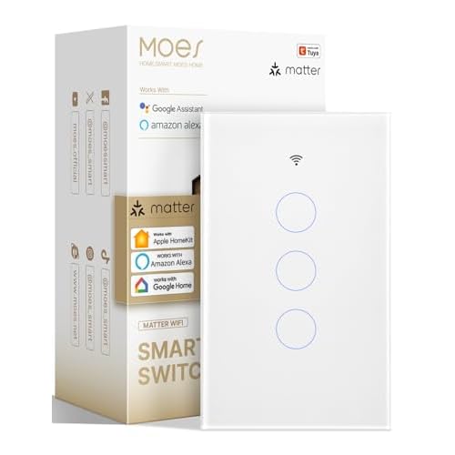 MOES Matter Smart Touch Wall Light Switch, Glass Panel Wi-Fi Wall Switch, Needs Neutral Wire, Single Pole, 2.4GHz, Timer and Schedule,Remote & Voice Control with Alexa, Google Home & Siri Wh