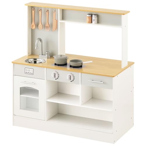 ぼん家具 おままごとキッチン 木製 お店屋さんごっこ リバーシブル キャスター付き 調理器具付き 知育玩具 おもちゃ 子供用 プレゼント ホワイト ナチュラル