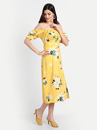 Image of Yellow Floral Print Ruched Bust Midi Dress
