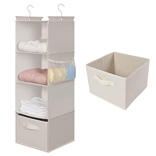 MAX Houser 4-Shelf Hanging Closet Organizer, Space Saver, Cloth Hanging Shelves with 2 Side Pockets, Foldable (Beige) by MAX Houser - Used condition - US$12.80