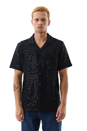 Image of SNITCH Men Casual Shirt | Regular Fit Half Sleeve Cuban Collar Textured Pattern with Embellished Sequins | 100% Viscose & Breathable Fabric for Everyday Wear
