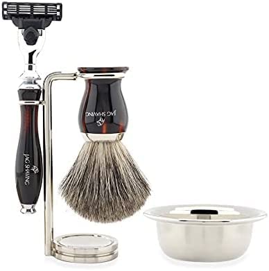3-krawędziowy zestaw do golenia z super pędzlem do golenia z borsuka, stojakiem i miską do golenia Jag Shaving