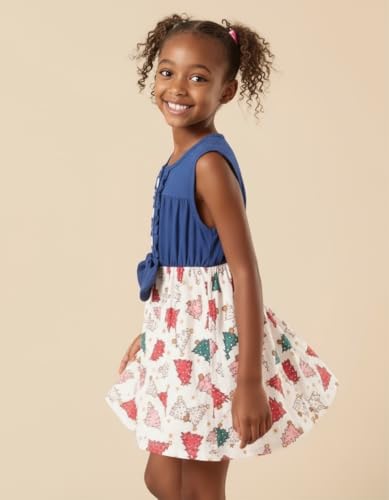 Image of Unique Baby Girls Sleeveless Denim Dress with Knot Tie and Fun Print for Toddler and Big Kids