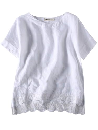 Minibee Women's Summer Linen Tunic Shirt High Low Hem Embroidery Blouse Top