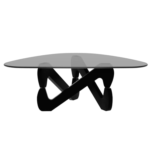Table basse, table basse triangulaire en verre, table basse moderne avec base triangulaire en bois massif et verre trempé épais, table d'appoint, table basse...